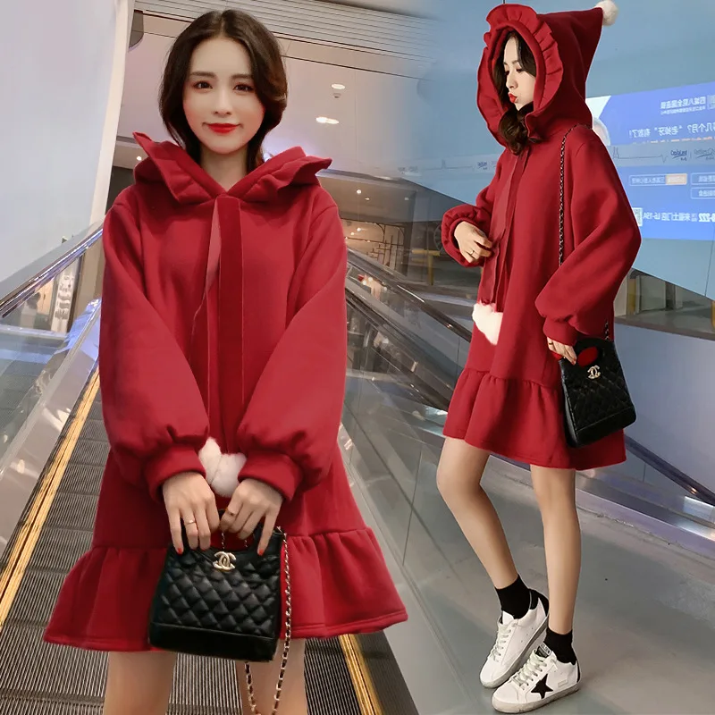 

2019 New Style plus Velvet Korean-style Western Style Loose-Fit Flounced Hoodie Maternity Clothes Dress