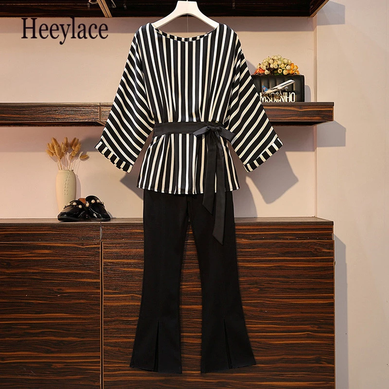 

Women Autumn Elegant Two Piece Pants Suit Long Sleeve Stripe Blouse Top And Black Trousers Outfit Office Lady Work Wear 2Pcs Set