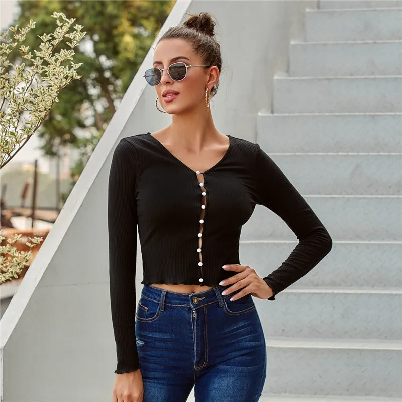 New Women's Black Long-sleeved Shirt V-neck Slim Button Cardigan Lotus Lace Cropped Short T-shirt Autumn Sexy Lady Party Wear