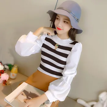 

Autumn Winter 2019 New Knitted Sweater Women Loose V Neck Lantern Sleeve Pullover Fashion Stitching Femme Top