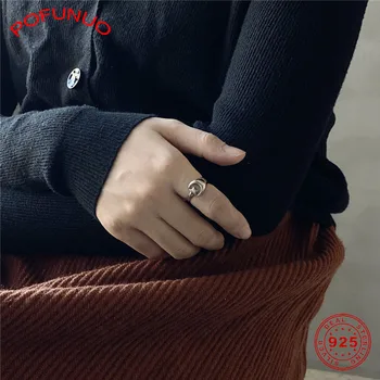 

POFUNUO European American Geometric Minimalism 925 Sterling Silver Women Simple Rings Young Girls Sylish Moon Star Chic Rings