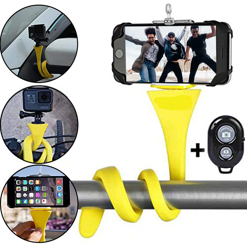 

Yellow Flexible Selfie Stick Bluetooth Wireless Remote Control Tripods Multi-function Monopod Phone Clip Holder Portable Tripod