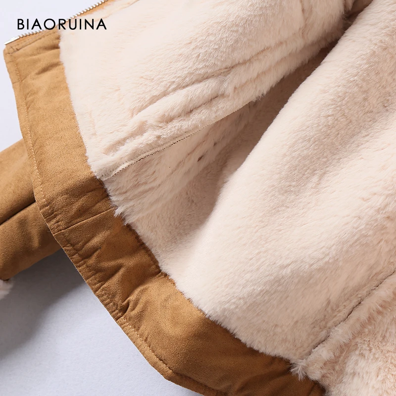 BIAORUINA, женское байкерское и байкерское стильное замшевое теплое короткое пальто с подкладкой из искусственного меха, винтажная куртка-бомбер на пуговицах с воротником