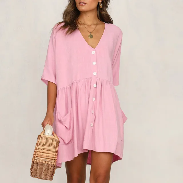 Women's Fashion Casual V-Neck Solid Short Sleeve Button Pocket Short Dress vestido de mujer summer dress платья для женщин 3