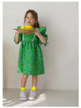 

Girl Floral Dress 2020 Summer New Green Floral Cotton Flare Sleeve Holiday Dress Kids Clothes E20662