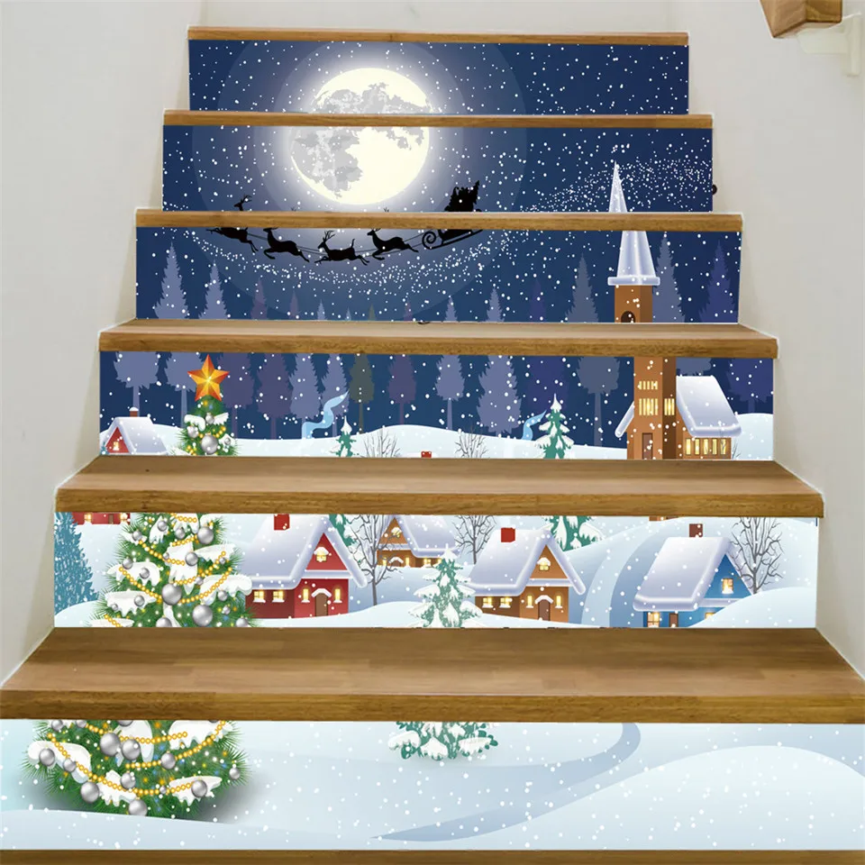 3D Visual Staircase Sticker Christmas Snowman Santa Wallpaper Self Adhesive DIY Wall Mural Removable Stairs Decal for Xmas Decor
