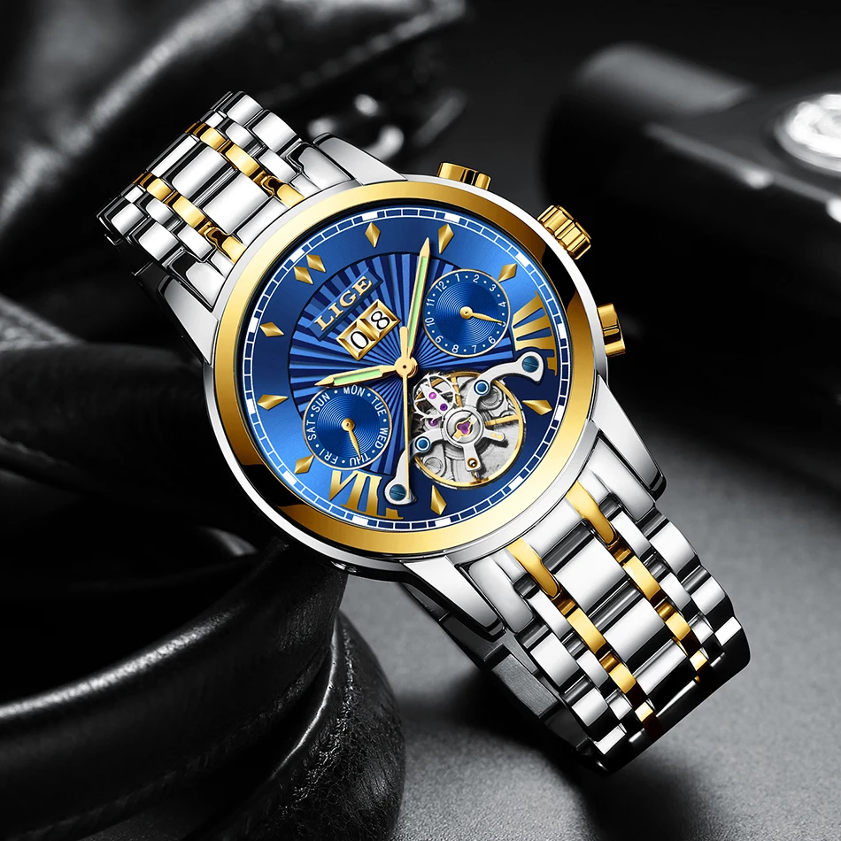 

LIGE Men's Watch Business Watch New Tourbillon Automatic Mechanical Watch Men's Waterproof Skeleton Clock Montre Homme + BoX