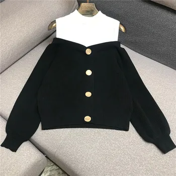 

Luxury Designer Brand Knitted Sweater for Women O Neck Fake Two Sexy Off The Shoulder Metal Buttons Knitted Pullovers Sweater