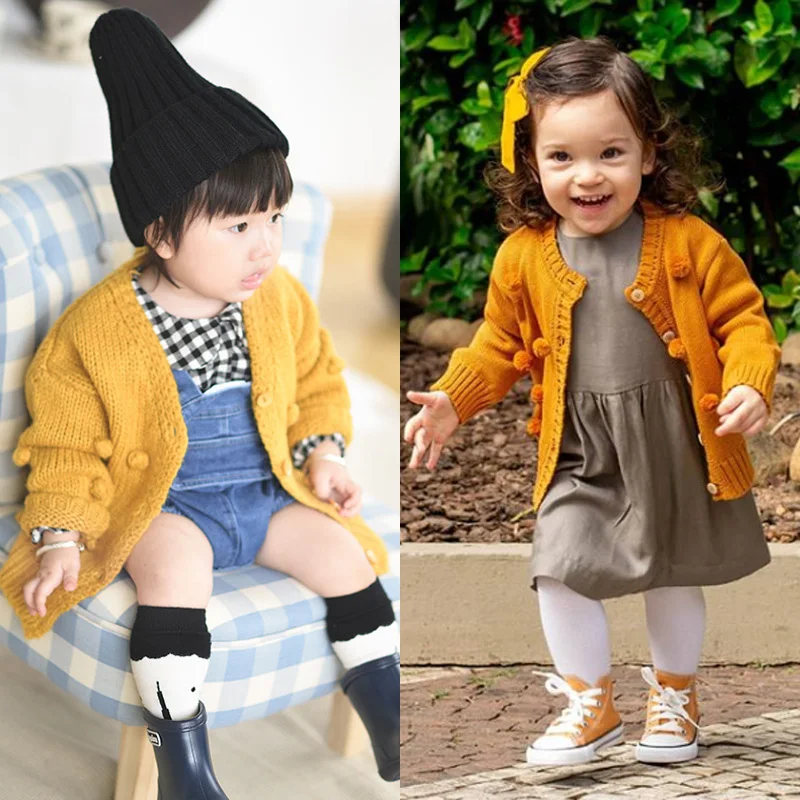 Toddler Winter Clothes Kids Baby Girl Knitted Sweater Coat Long Sleeve Solid Cardigan Jacket Small Ball Decoration Outwear