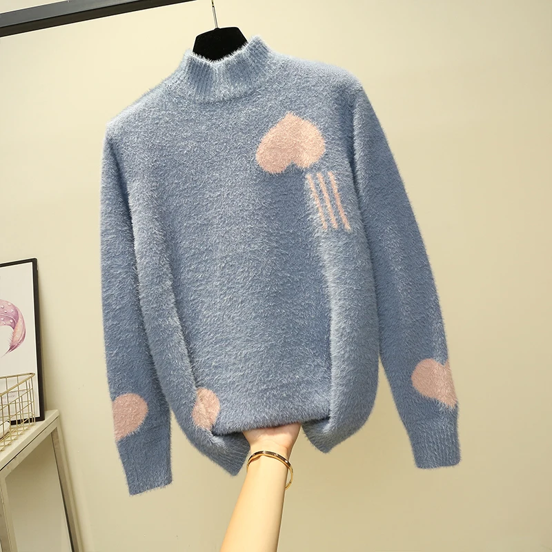Корейский стиль свободный свитер женский пуловер Повседневный полувысокий воротник длинный рукав вязаный свитер женские джемперы базовый мохер свитер