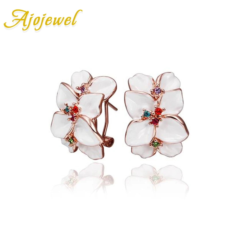 Ajojewel цветок из белой эмали серьги гвоздики с разноцветными кристаллами