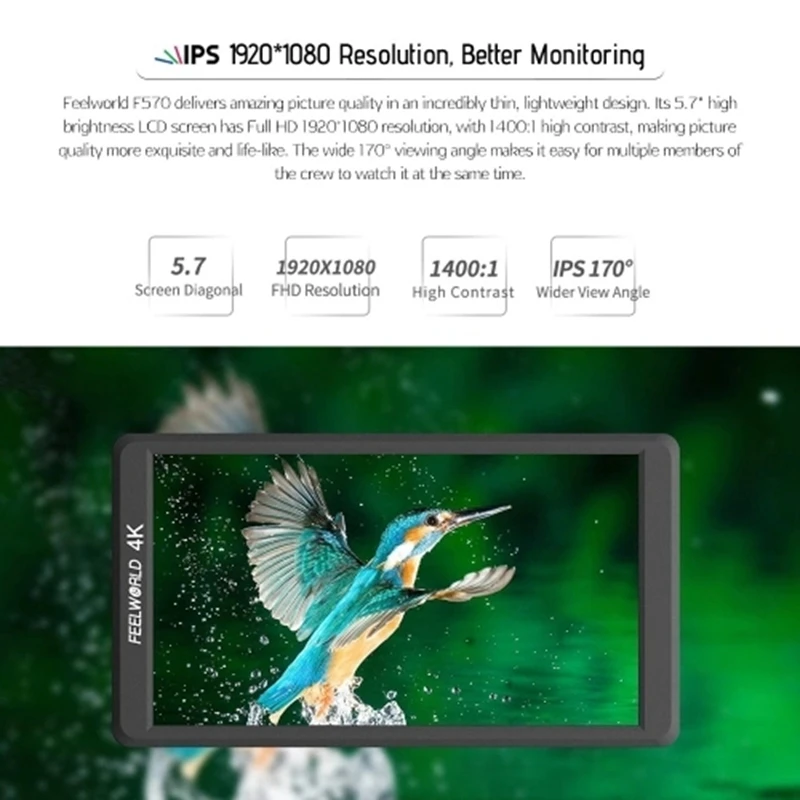 Feelworld F570 4K 5,7 дюймов ультратонкий портативный накамерный полевой монитор ips Full HD 1920x1080/Многофункциональный монитор/HD Inp