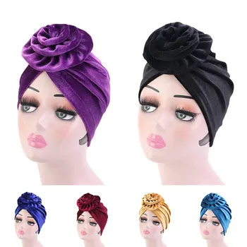 

Twist Knot Muslim Women Hijab Turban Hat Solid Velvet Sleep Hat Bonnet Hat Round Head Cover Pan Flower Headscarf Night Cap