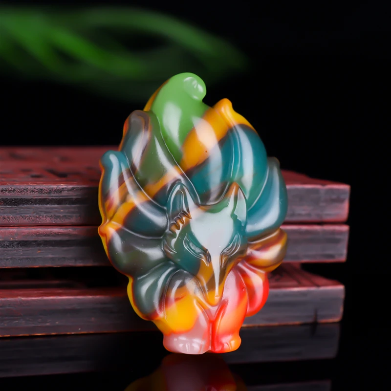 Natural Color Jade Nine Tailed Fox Pendant Necklace Chinese Hand Carved