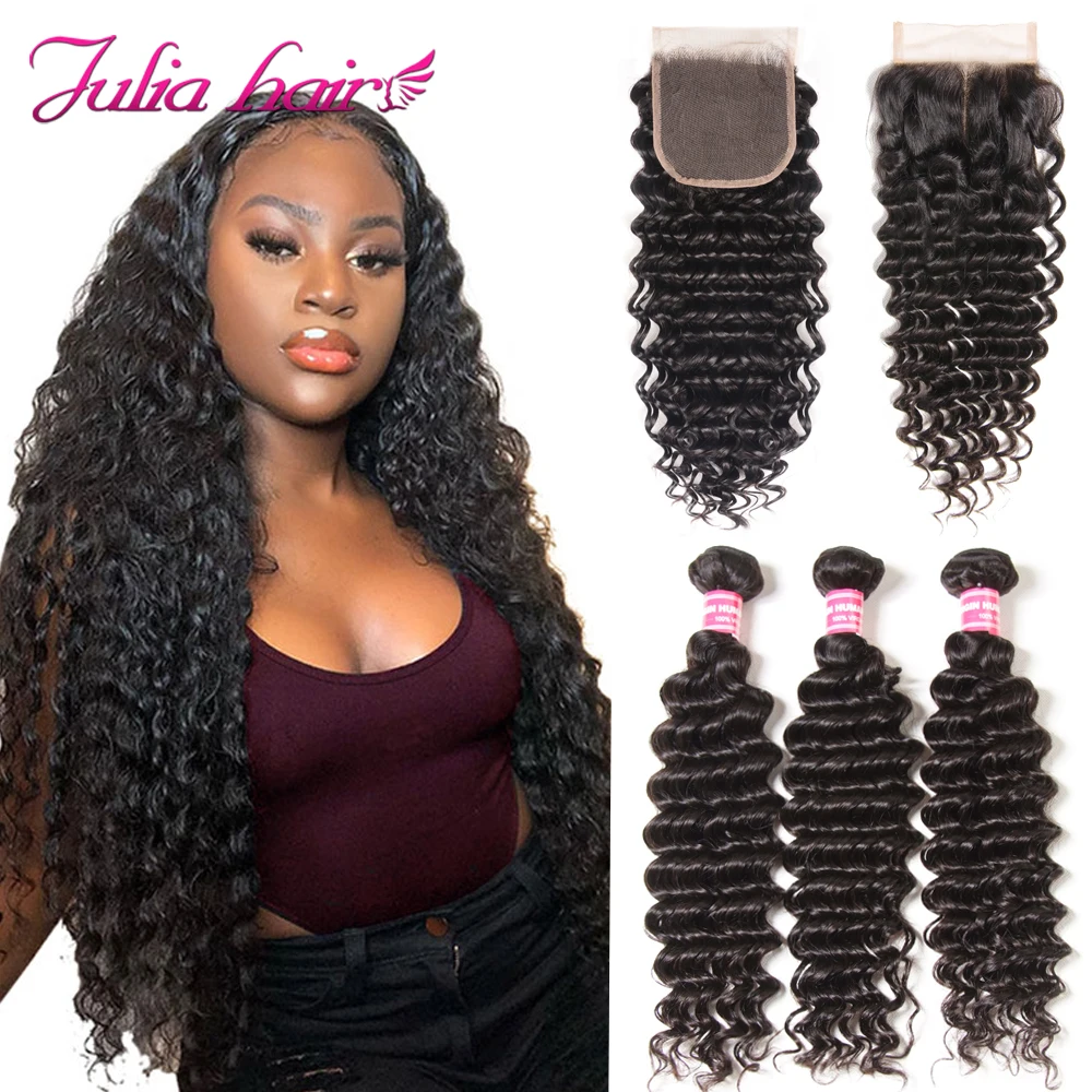 Brazilian Deep Wave Bundles With Closure Remy Human Hair Bundles with Closure Pre Plucked Julia Lace Closure with Weave Bundles (3)