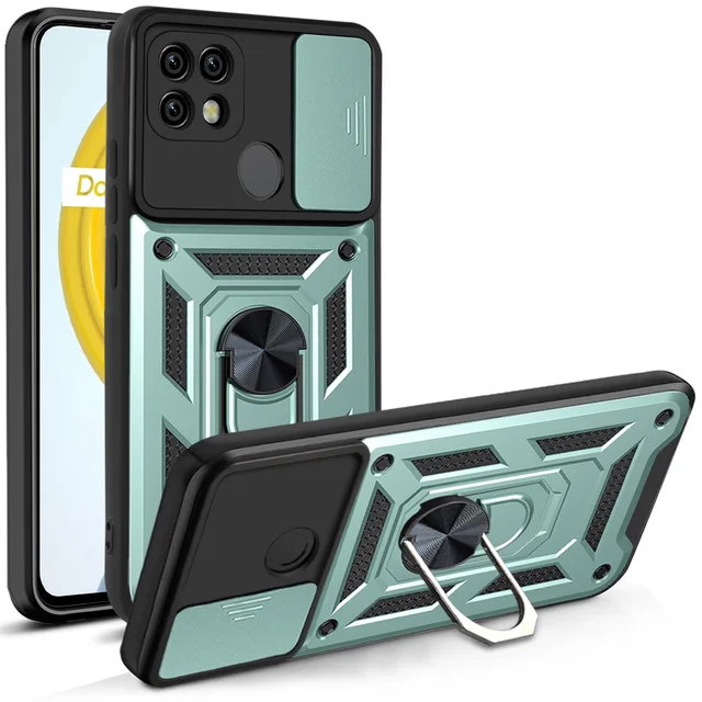 OPPO Reno 6 Z A16 A15 A74 A54 A94 A15S Case Realme  8 C21 C11 2021 A9 A5  Slide Stand Kickstand Ring Camera Military Grade Cover Green