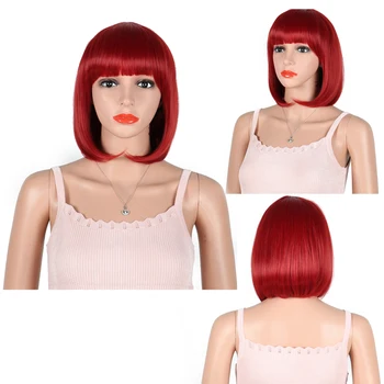 

Straight Dark Red Synthetic Wigs With Bangs Fringe For Women Medium Length Hair Bob Wigs Heat Resistant bobo Hairstyle Cosplay
