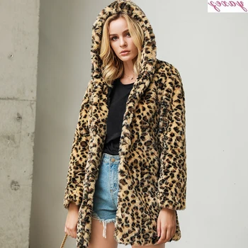 

2019 Winter Fashion Women Faux Fur Coat Long Leopard Jacket Windbreaker Female Hooded Long Sleeve Large Size Loose Outwear