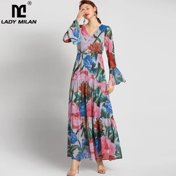 

Women's Runway Dresses Sexy V Neck Long Sleeves Ruffles Floral Printed High Street Elegant Maxi Dress