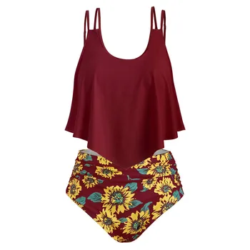 

#Z40 Sunflower Print Bottom High Waist Bikini Women Two Pieces Bathing Suit Swimwear Ruffled Top Swimsuit Bikini Set 2020