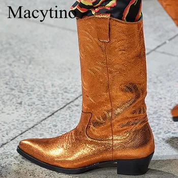 

Gold Leather Combat Boots Kitten Heel Pointed Toe Women's Mid-calf Long Ankle Boots High Street Designer Winter Shoes Women