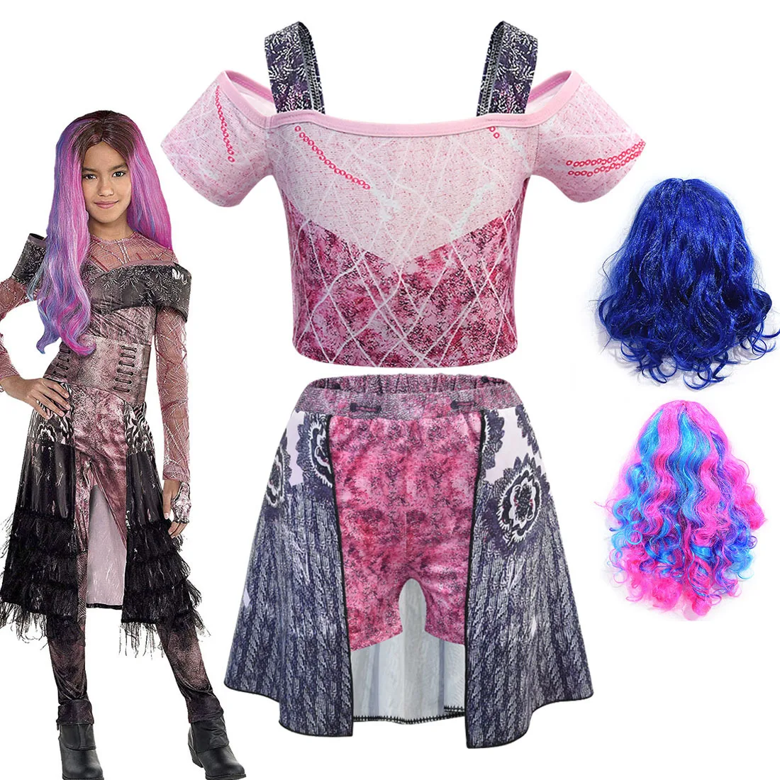 Новое поступление; летнее платье Descendants3 для костюмированной вечеринки; одежда для плавания; платья принцессы для девочек; Descendants3; парик; детский купальный костюм