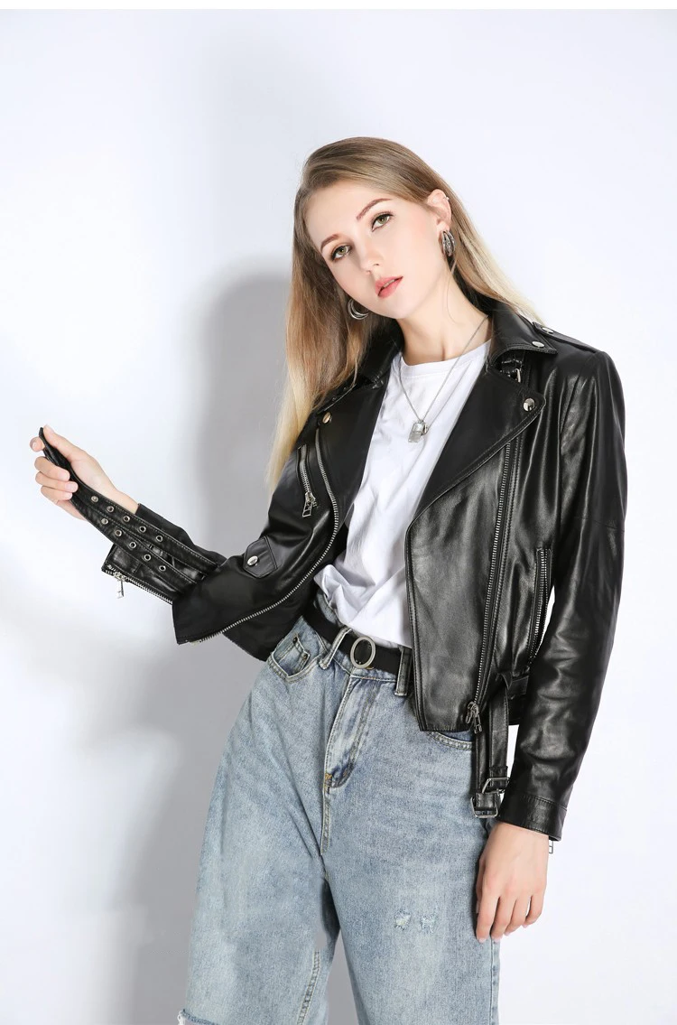 Genuine Leather Jacket Streetwear Notched Neck Buckle Betled Jacket Coats Women Autumn Black Moto Long Sleeve Leather Outwear