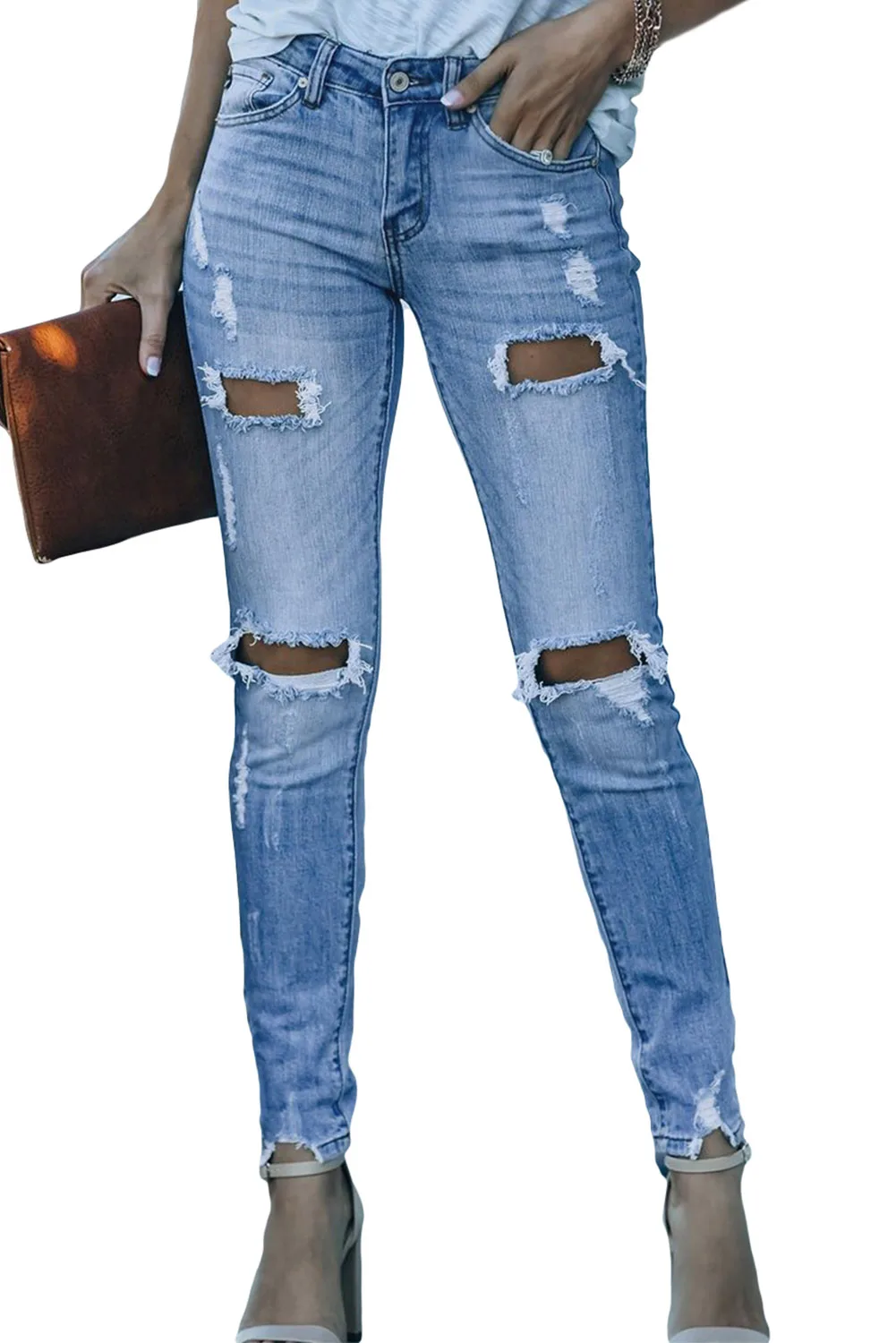 High Waist Distressed Skinny Jeans Light Blue Ripped For Women Korean Fashion Pantalon Bershka Denim Pants Fluide Calca Femenina | Женская