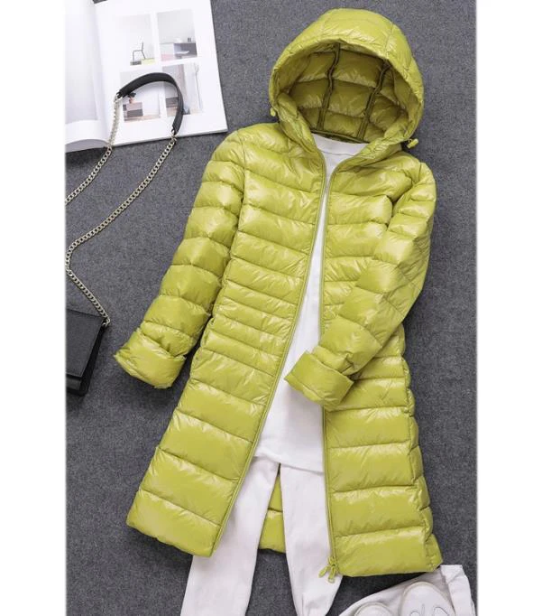 Yellowish Green S~ 6XL осенне-зимняя женская куртка на белом утином пуху, тонкие парки, Дамское пальто, длинное пальто с капюшоном размера плюс, ультра светильник, верхняя одежда RH1056 - Цвет: Yellowish Green