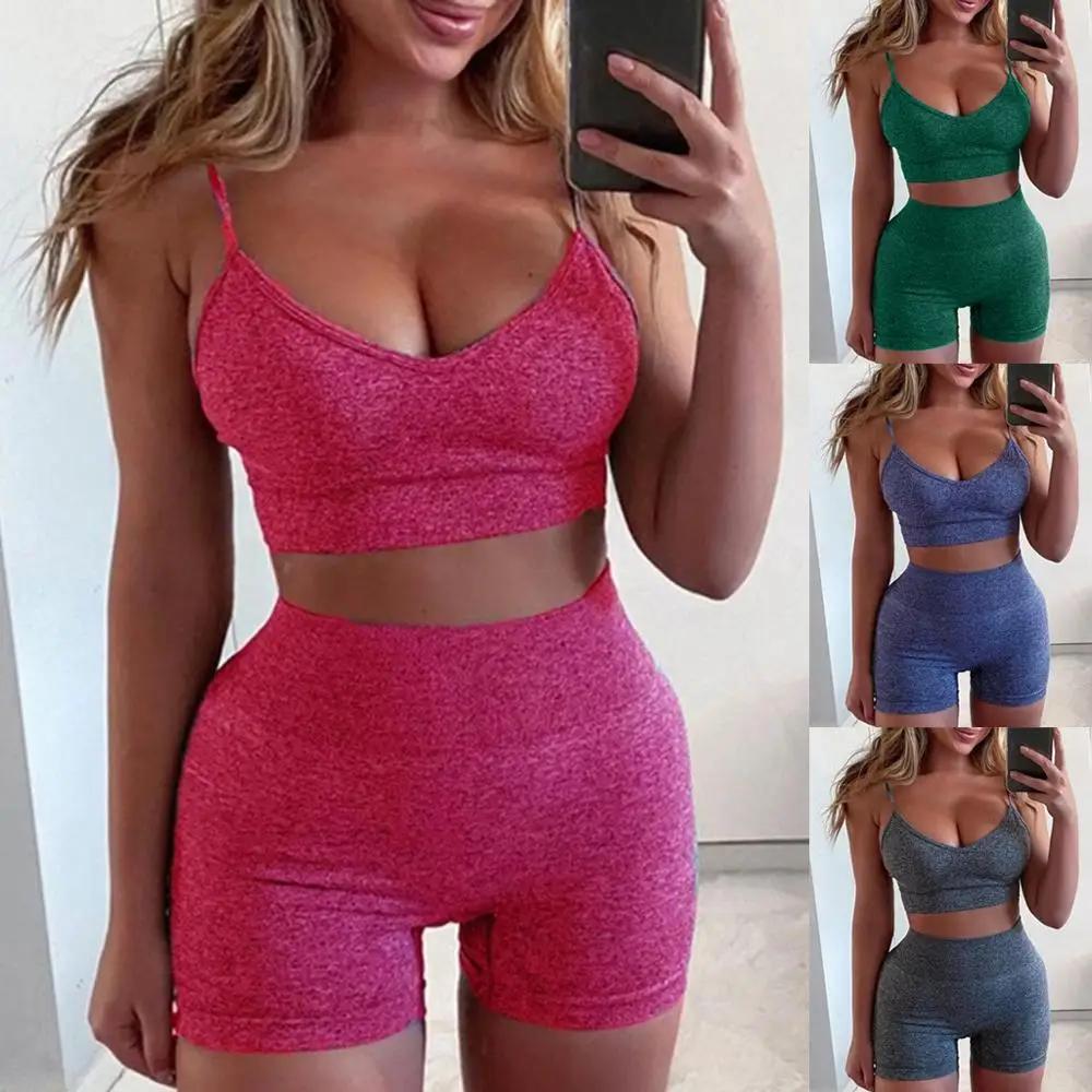 BKLD Fashion Sexy Solid Color Spaghetti Strap Vest Shorts Set Women Sportswear Casual Two Piece Set Tracksuit Women Outfits 2023 summer women floral print tied detail spaghetti strap romper v neck bodysuits casual overalls sexy outfit y2k clothes