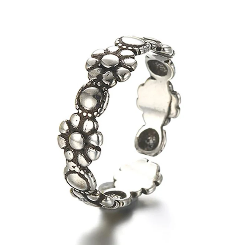 New 925 Thai Silver Antique Black Flower Band Stackable Cuff Open Adjustable Ring For Women Finger Fine Jewelry 1Y774 | Украшения и