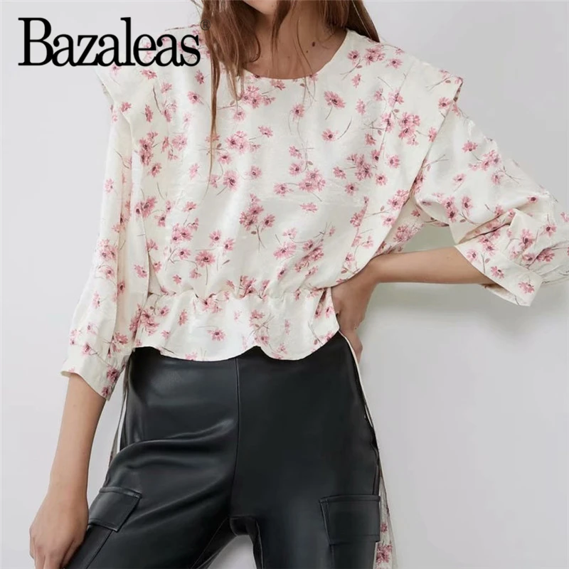 

Bazaleas Retro Pink Floral Print blouse Back Sashes womens tops and blouses Center Buttons blusas mujer de moda Drop shipping