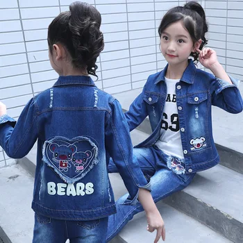 

Girl's wear Spring and Autumn 2019 new models Loose coat Children's wear cowboy Nail bead Suit fashion Trend 3Pcs Sportswear