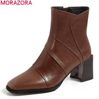 

MORAZORA 2020 Genuine leather boots thick high heels square toe ladies shoes autumn winter black brown solid ankle boots women