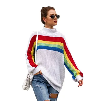 

Female striped Rainbow turtleneck Sweater Women Winter Autumn Knitted Long Sleeve Japan loose Pullovers Tops