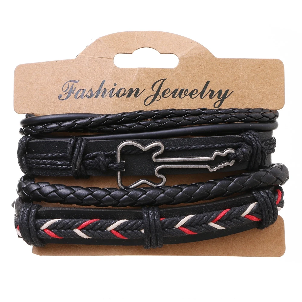 Guitar Cross Leaf Charm Weave Leather Bracelets 4 Pcs/set For Men Women Homme Femme Male Jewelry leather braided bracelet leather bracelet charm bracelet