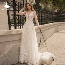 

Aedmgh A-Line Beach Wedding Dresses 2022 V-Neck Spaghetti Straps Sleeve Chapel Train Vestido De Novia 3D Flowers Robe De Mariee