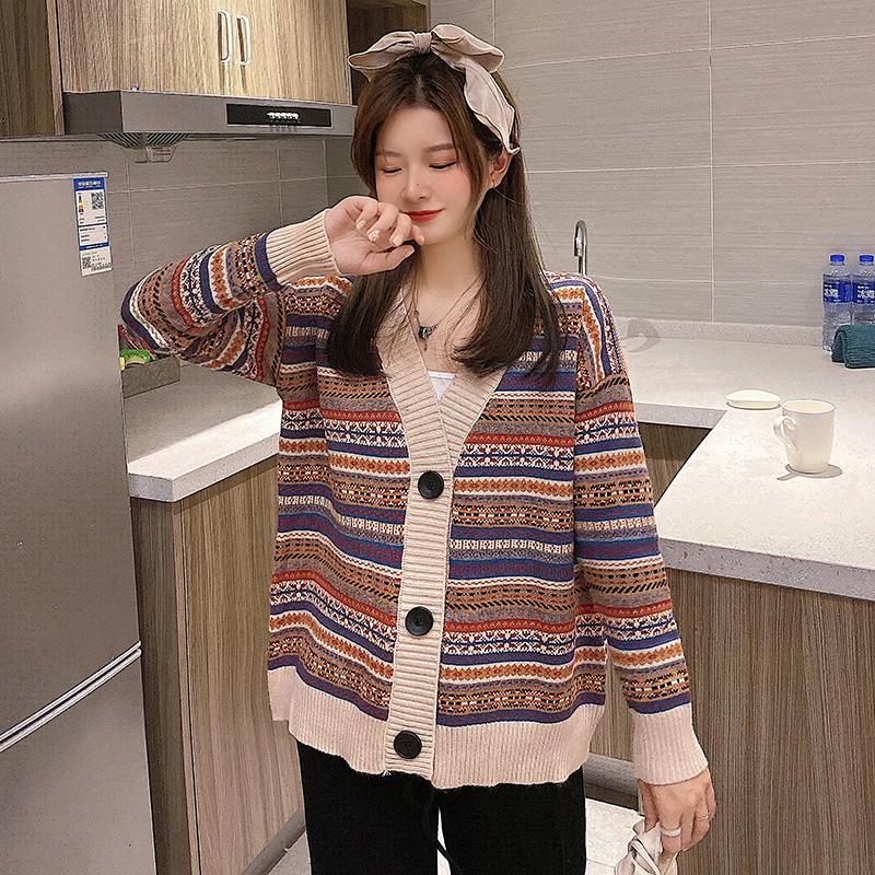 

Knitted Cardigans Women Korean Loose Contrast Color V-Neck Single Breasted Vintage Knitwear Coat Casual Female Outerwear Tops