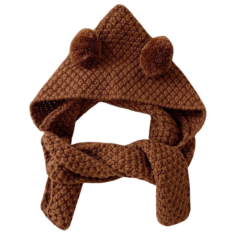 Children Knitted Hat Autumn and Winter Toddler Girl Neck Ear Protection One Baby Winter Warm Wind Hat Small Ball Baby Girl Cap - Цвет: Dark Brown