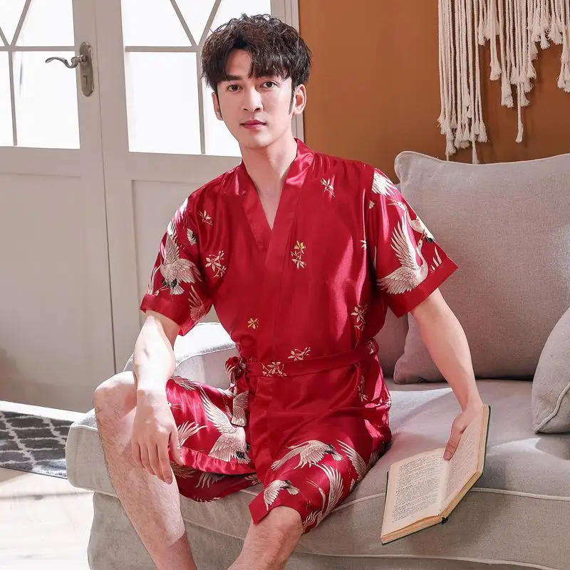 Vintage Chinese Couple Satin Kimono Robe Lovers Print Bride Bridegroom Wedding Gown Women Bathrobe Sleepwear Home Clothes - Цвет: Men Robe Red