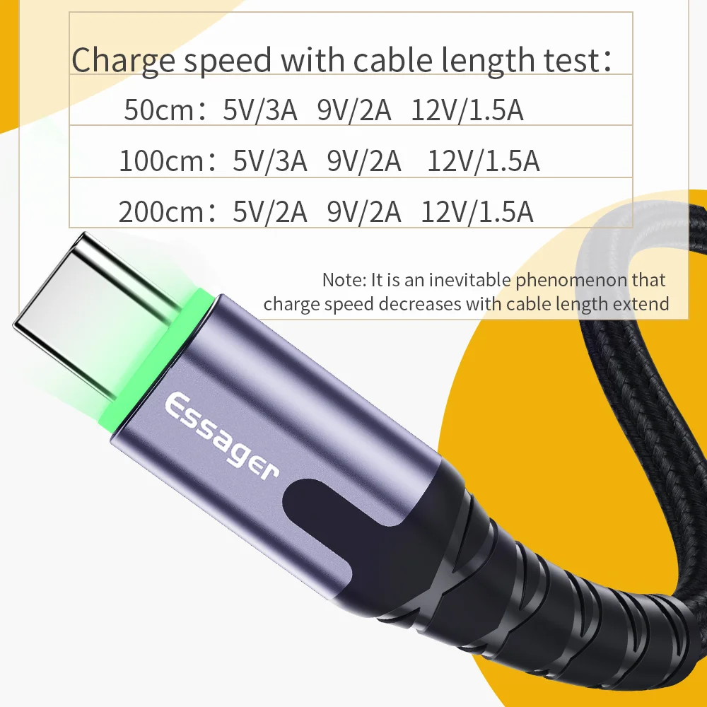 Essager светодиодный кабель usb type C 3 м кабель для быстрой зарядки кабель usbc для Xiaomi K20 samsung Oneplus 7 Pro мобильный телефон USB-C зарядное устройство