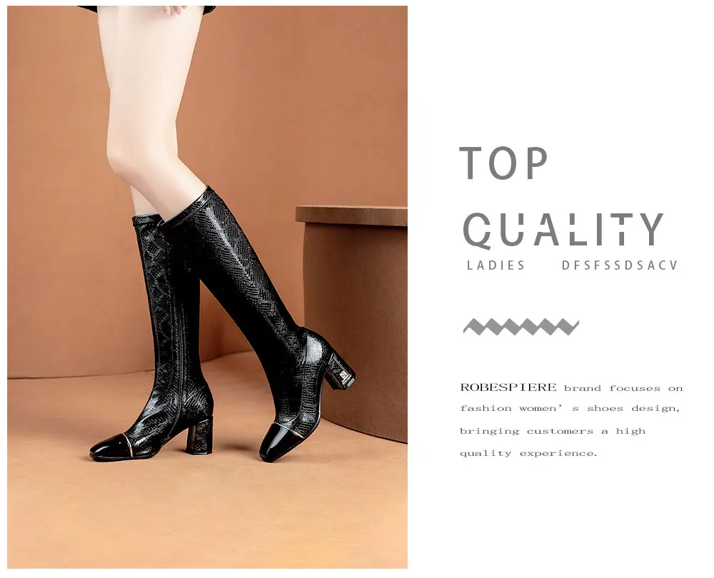 ROBESPIERE/женские сапоги до колена с квадратным носком; Качественная женская обувь из лакированной кожи; модные эластичные сапоги на высоком каблуке; большие размеры; B61