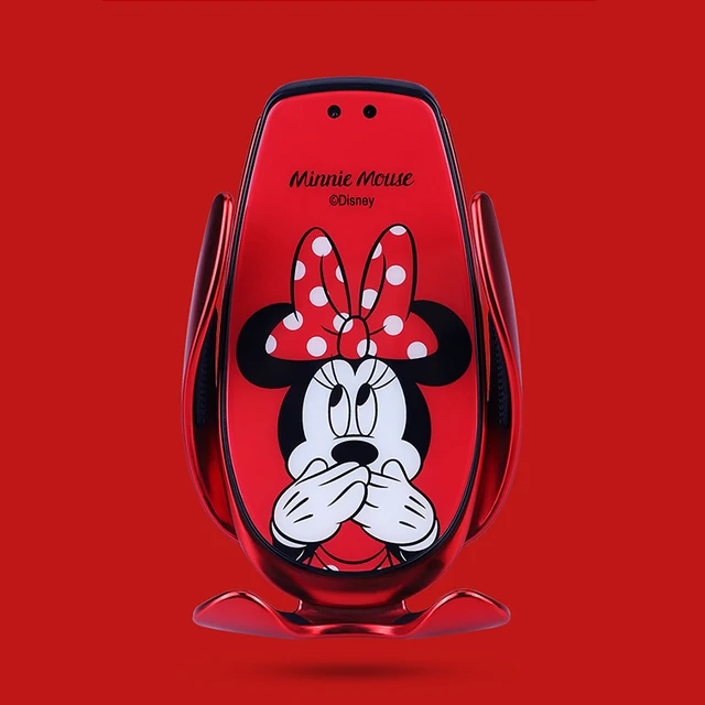 Disney Mickey Minnie Automatic Clamping Wireless Charger Car Phone Holder Smart Sensor Air Vent Mount Mobile Phone Stand Hold Red Minnie