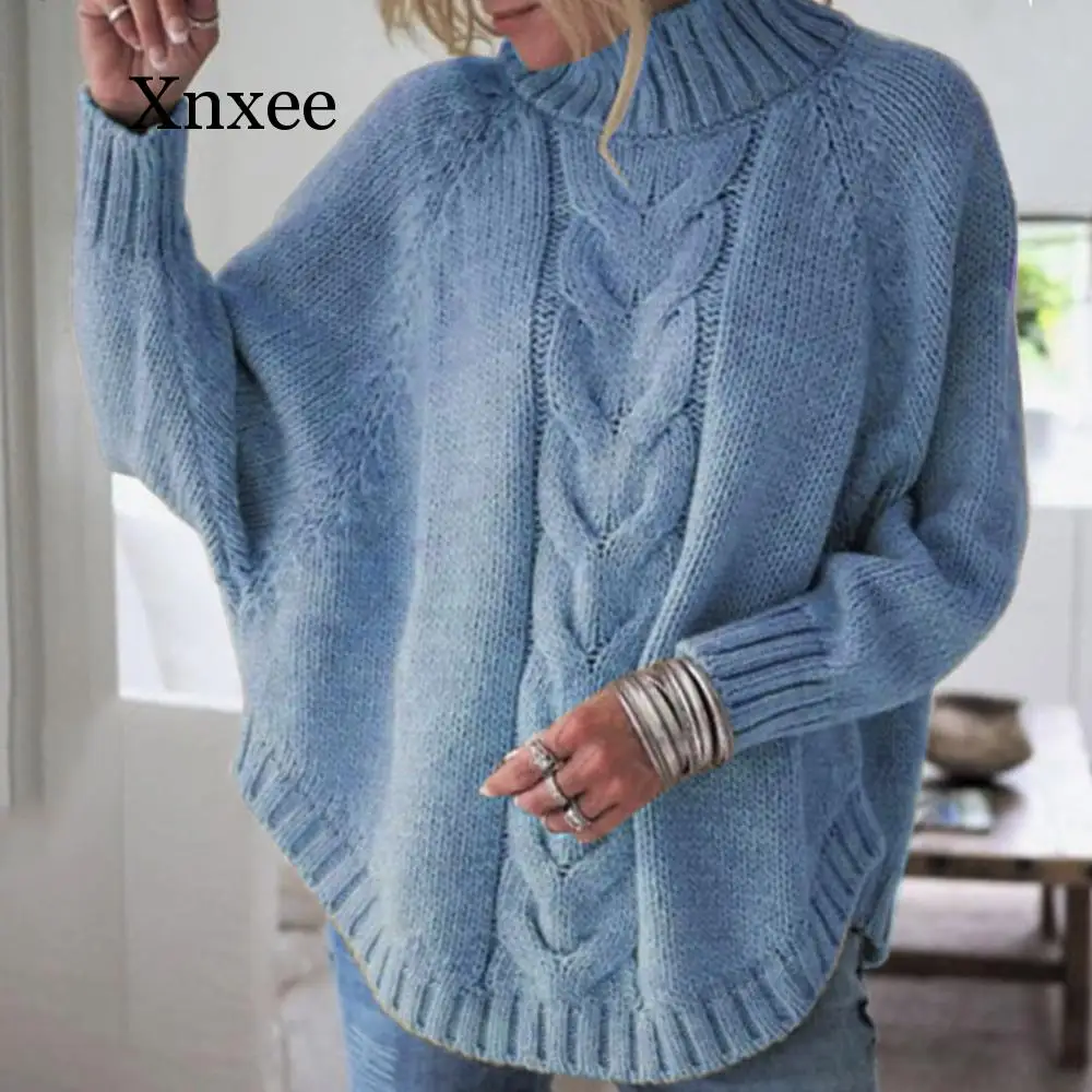 

loose wool sweater Solid Color Polyester Spring And Autumn Winter Ladies Batwing Sleeve Knit Sweater turtleneck thick warm