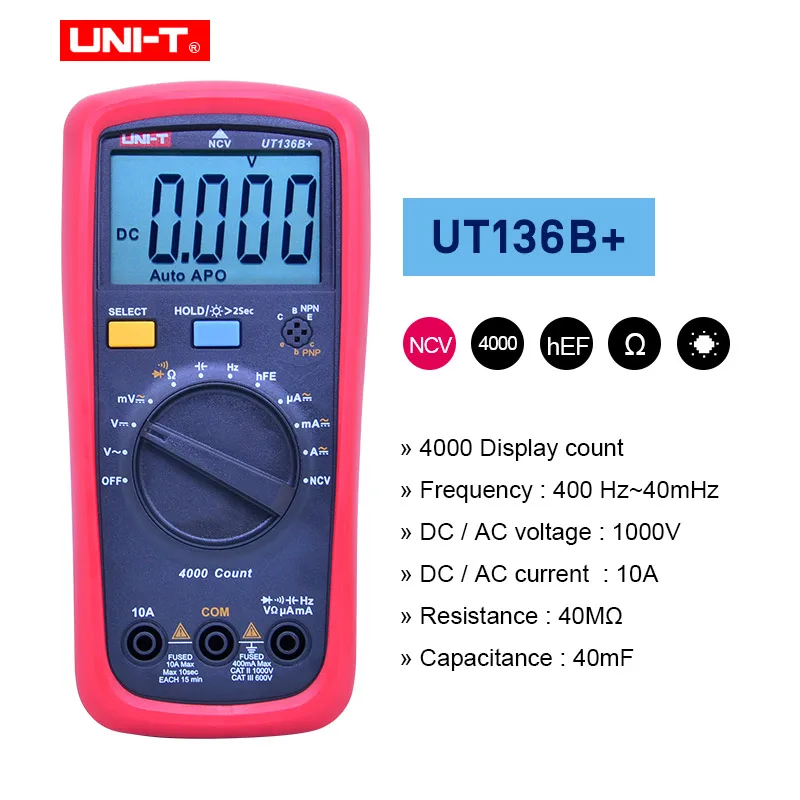 UNI-T UT136B+/UT136C+ мультиметр Цифровой мультиметр тестер AC DC Вольтметр Амперметр Ом Емкость HFE диод/Транзистор тестер - Цвет: UT136B
