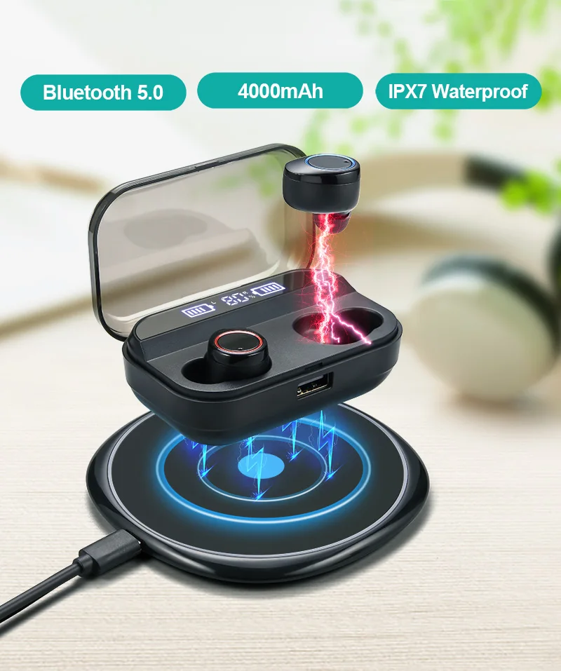 Светодиодный водонепроницаемый дисплей, Bluetooth 5,0, беспроводные наушники с сенсорным управлением, 4000 мА/ч, можно заряжать наушники для телефонов