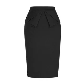 

Plus Size Women Office Pencil Skirts OL Style Elegant Black High Waist Stretchy Bow Front Knee Length Ladies Slim Skirt Female