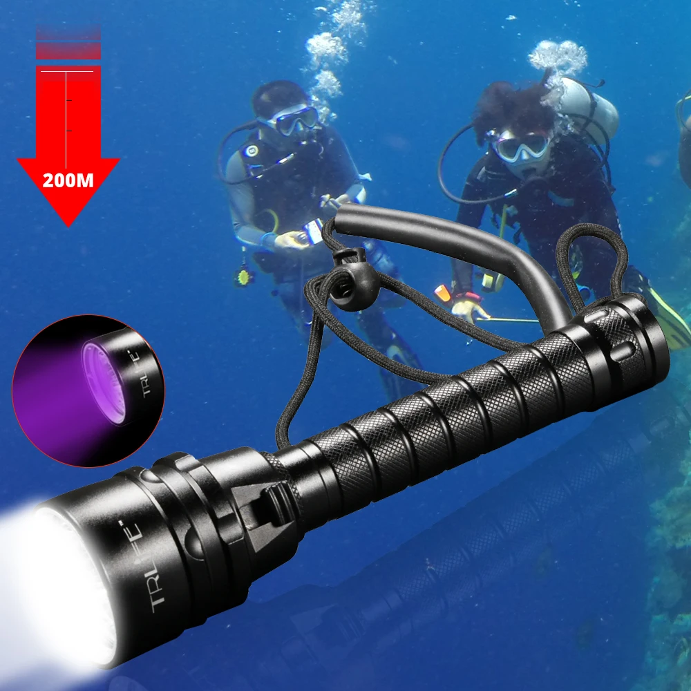 6000LM Scuba LED Diving Flashlight 5L2 5UV Flash Light Lantern UV Torch 220M Underwater Purple White Light Ultraviolet Lantern