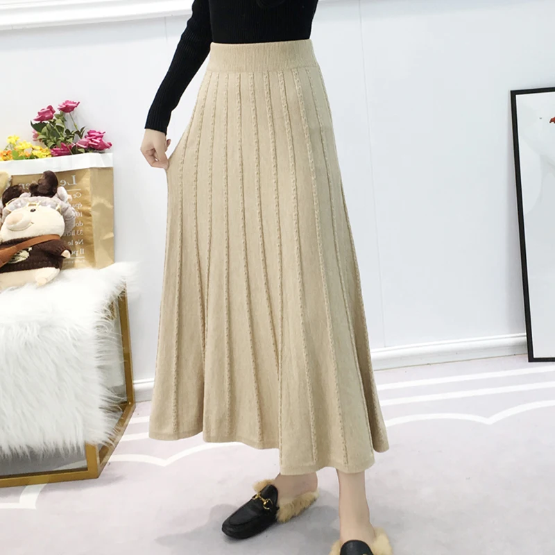 Новинка, женская вязаная теплая зимняя юбка, модная, высокая талия, однотонная плиссированная юбка, цветная, шикарная, для девушек, длинная юбка, Saia Faldas