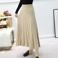 Новинка, женская вязаная теплая зимняя юбка, модная, высокая талия, однотонная плиссированная юбка, цветная, шикарная, для девушек, длинная юбка, Saia Faldas